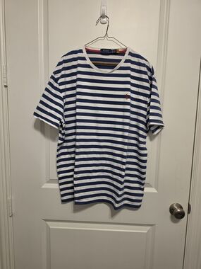 Ralph Lauren Blue & White Striped Short Sleeve Tee with Red Pony